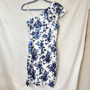Willow Glen Blue‎ Floral Shimmering  one shoulder flare dress 12 Formal NEW PROM